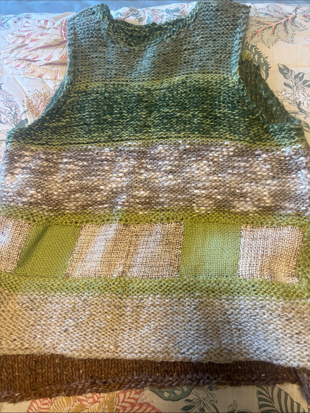 Green Patchwork Knit V-Neck Sweater Vest